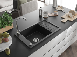 Mexen Elias granite kitchen sink 1-bowl with drainer and Telma kitchen faucet, black - 6511-77-670200-00