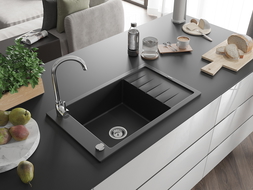 Mexen Elias granite kitchen sink 1-bowl with drainer and Telma kitchen tap, black - 6511-77-670200-00