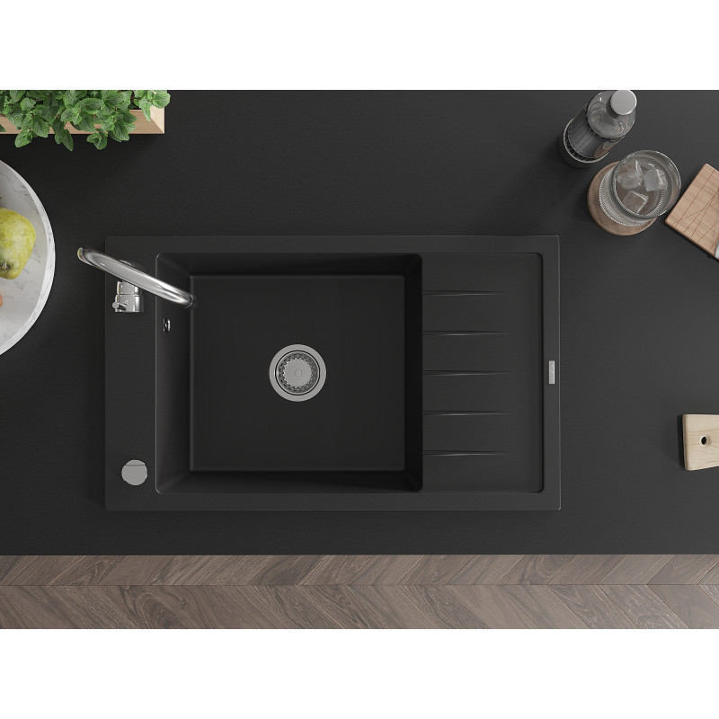 Mexen Elias granite kitchen sink 1-bowl with drainer and Telma kitchen faucet, black - 6511-77-670200-00