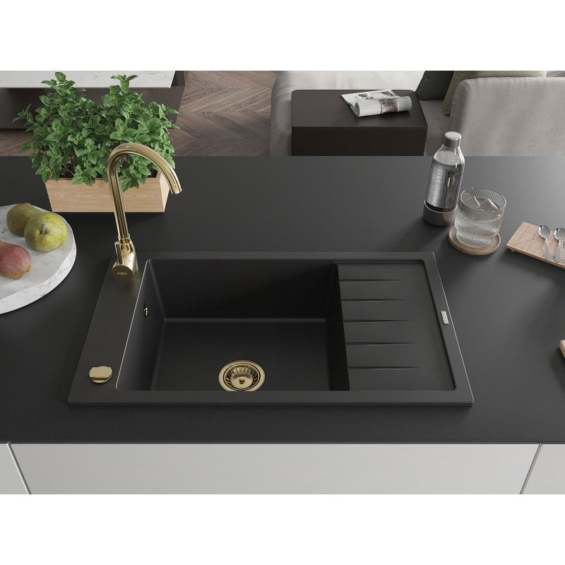 Mexen Elias granite sink 1-bowl with drainer and Telma kitchen tap, black - 6511-77-670200-50