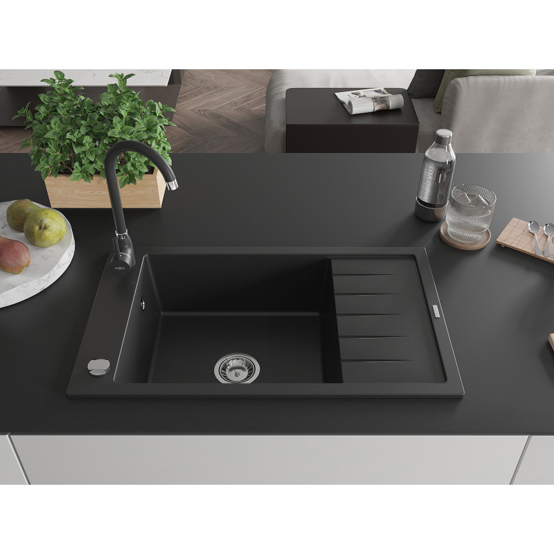 Mexen Elias 1-bowl granite sink with drainer and Telma kitchen faucet, black - 6511-77-670200-70