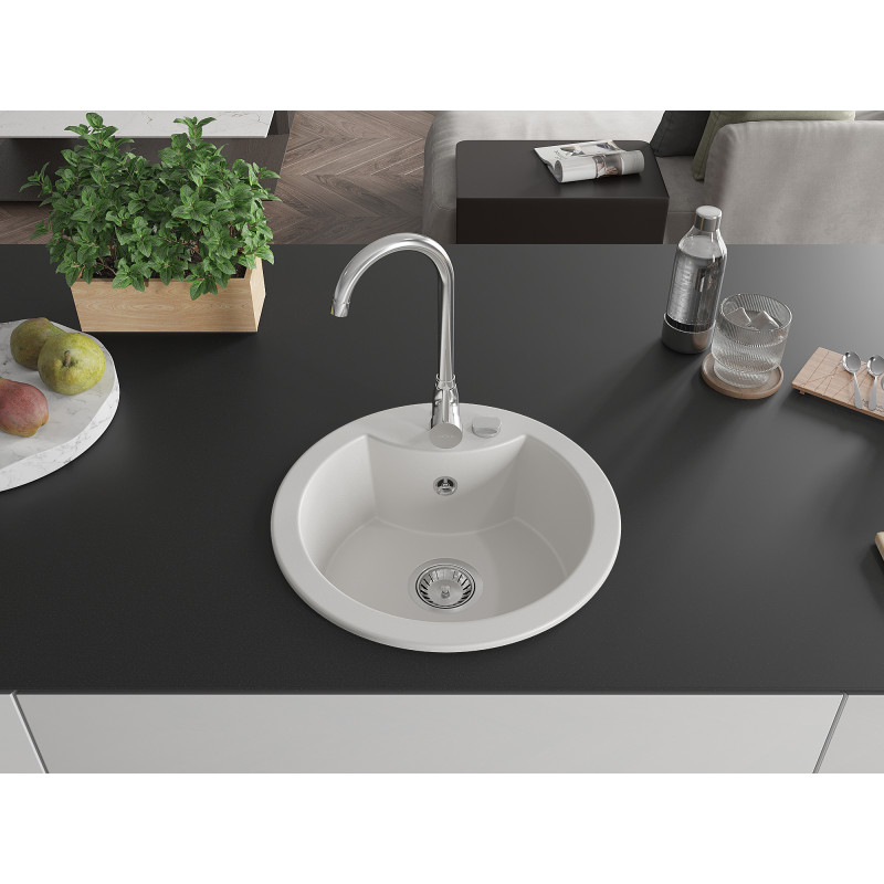 Mexen Diego 1-bowl granite sink with Telma kitchen faucet, white - 6512-20-670200-00