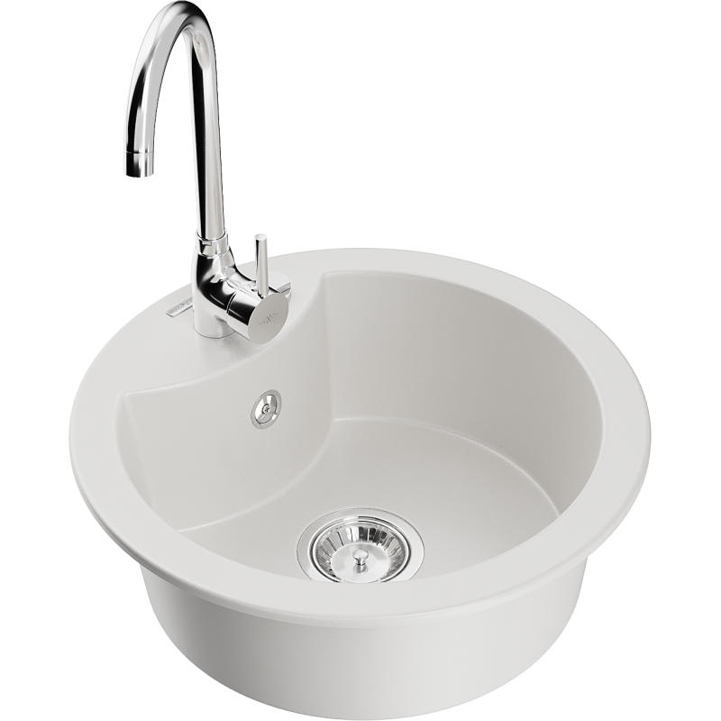 Mexen Diego 1-bowl granite sink with Telma kitchen faucet, white - 6512-20-670200-00