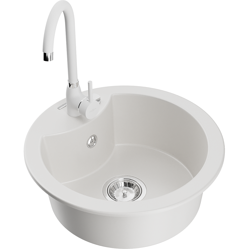 Mexen Diego 1-compartment granite sink with kitchen mixer tap Telma, White - 6512-20-670200-20