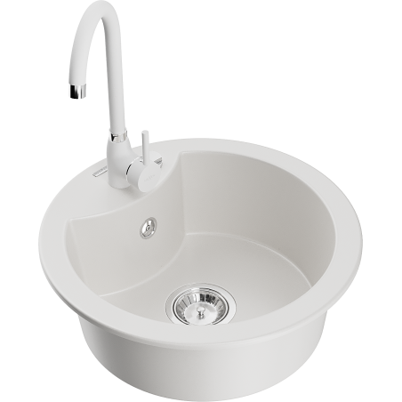 Mexen Diego 1-bowl granite sink with Telma kitchen faucet, white - 6512-20-670200-20