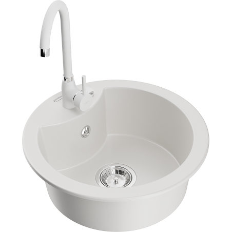 Mexen Diego granite sink 1-bowl with Telma kitchen tap, white - 6512-20-670200-20