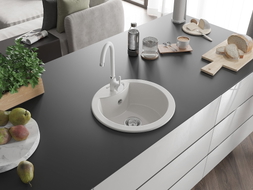 Mexen Diego 1-bowl granite sink with Telma kitchen faucet, white - 6512-20-670200-20