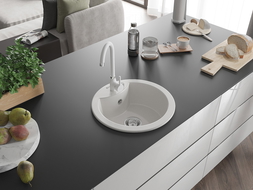 Mexen Diego granite sink 1-bowl with Telma kitchen tap, white - 6512-20-670200-20