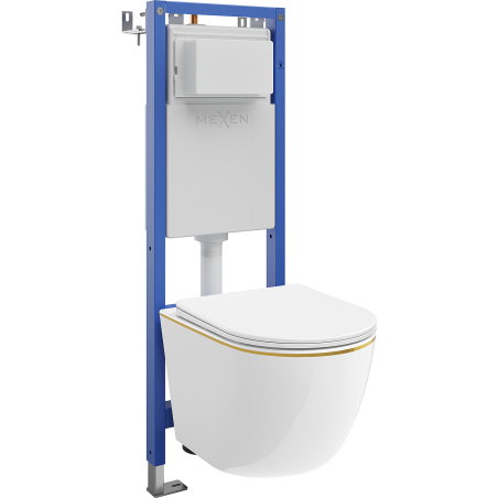 Mexen Lena wall-mounted WC set narrow frame, corner Tex W with WC bowl and soft-closing toilet seat, white/gold - 610530224005