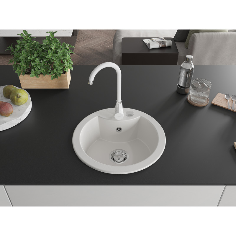 Mexen Diego 1-bowl granite sink with Telma kitchen faucet, white - 6512-20-670200-20