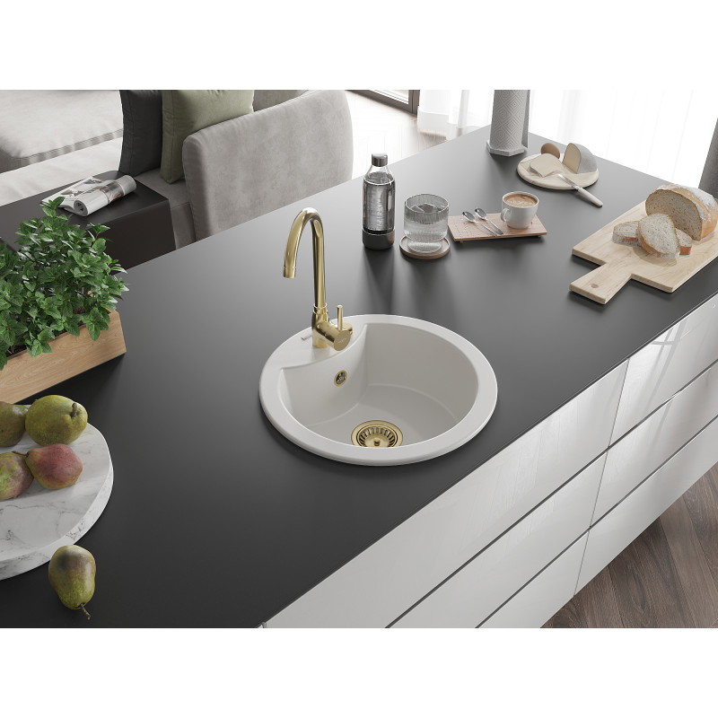 Mexen Diego 1-bowl granite sink with Telma kitchen faucet, white - 6512-20-670200-50