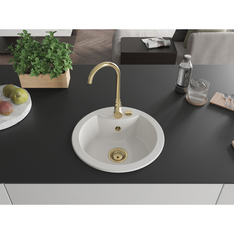 Mexen Diego 1-bowl granite sink with Telma kitchen faucet, white - 6512-20-670200-50
