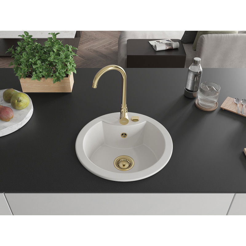 Mexen Diego single-bowl granite sink with Telma kitchen tap, white - 6512-20-670200-50