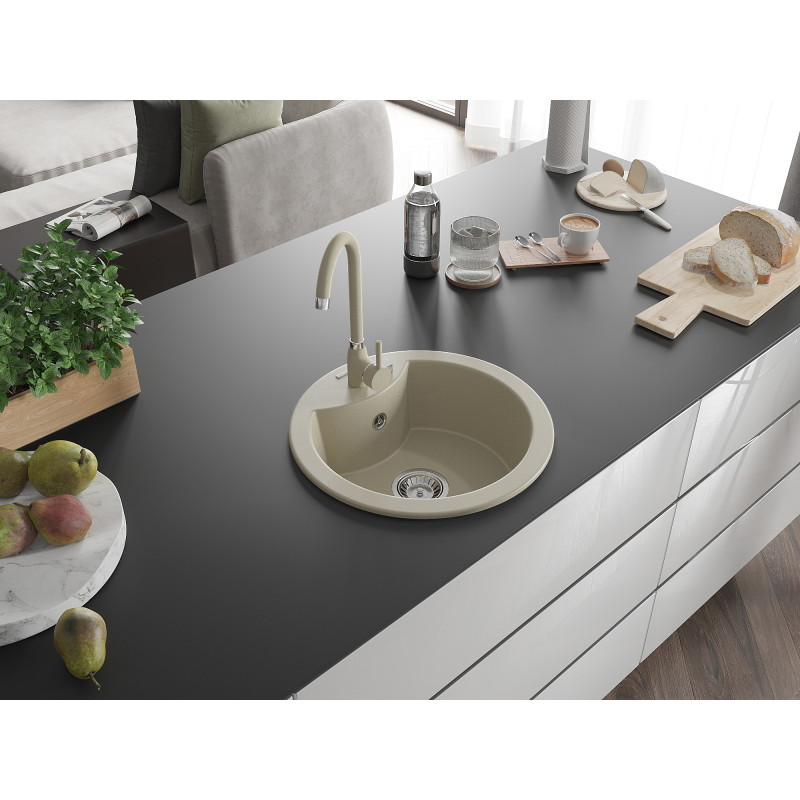 Mexen Diego 1-bowl granite sink with Telma kitchen faucet, beige - 6512-69-670200-69