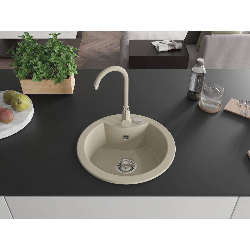 Mexen Diego 1-bowl granite sink with Telma kitchen faucet, beige - 6512-69-670200-69