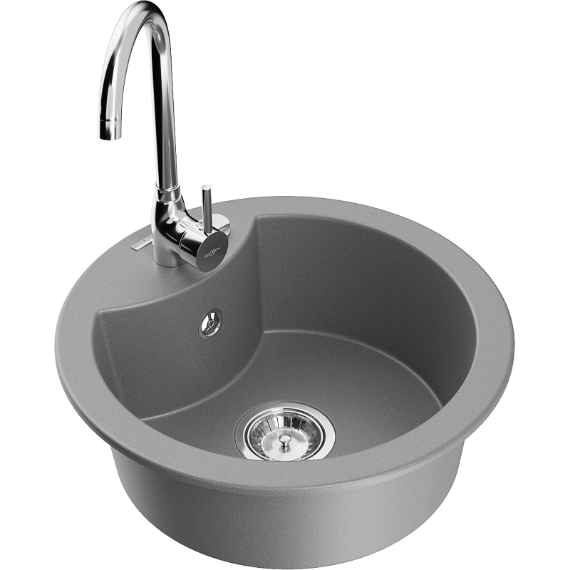 Mexen Diego 1-compartment granite sink with Telma kitchen faucet, gray - 6512-71-670200-00