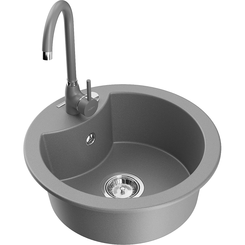 Mexen Diego granite kitchen sink 1-bowl with Telma kitchen faucet, gray - 6512-71-670200-71