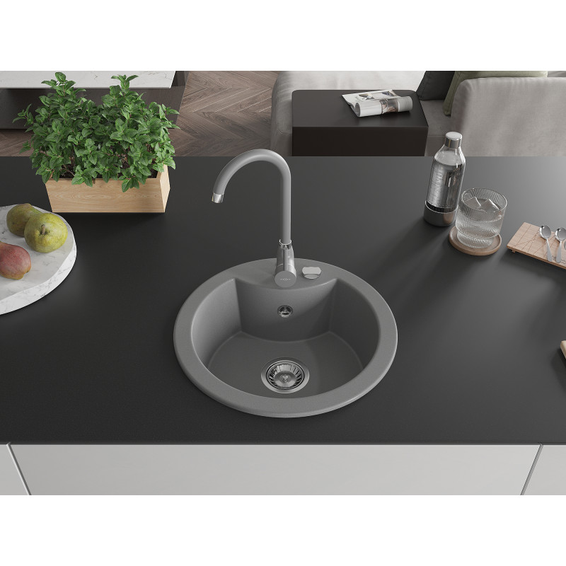 Mexen Diego granite kitchen sink 1-bowl with Telma kitchen faucet, gray - 6512-71-670200-71
