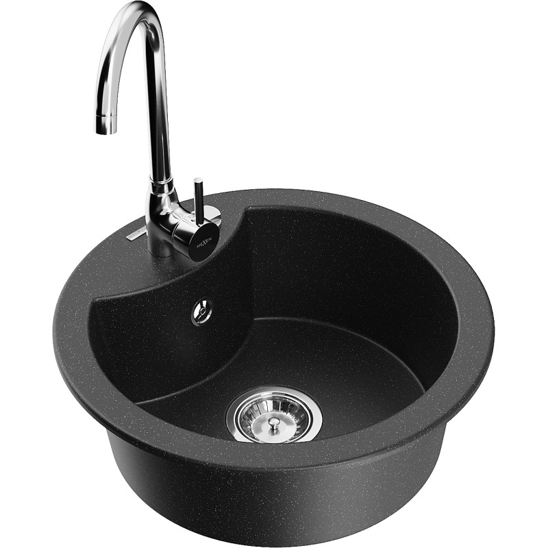 Mexen Diego 1-bowl granite sink with Telma kitchen faucet, black/silver - 6512-73-670200-00