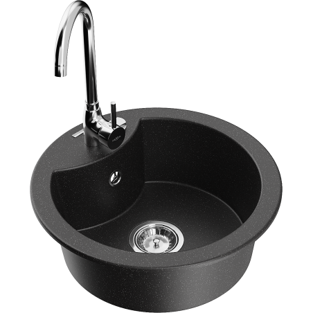 Mexen Diego 1-bowl granite sink with Telma kitchen faucet, black/silver - 6512-73-670200-00