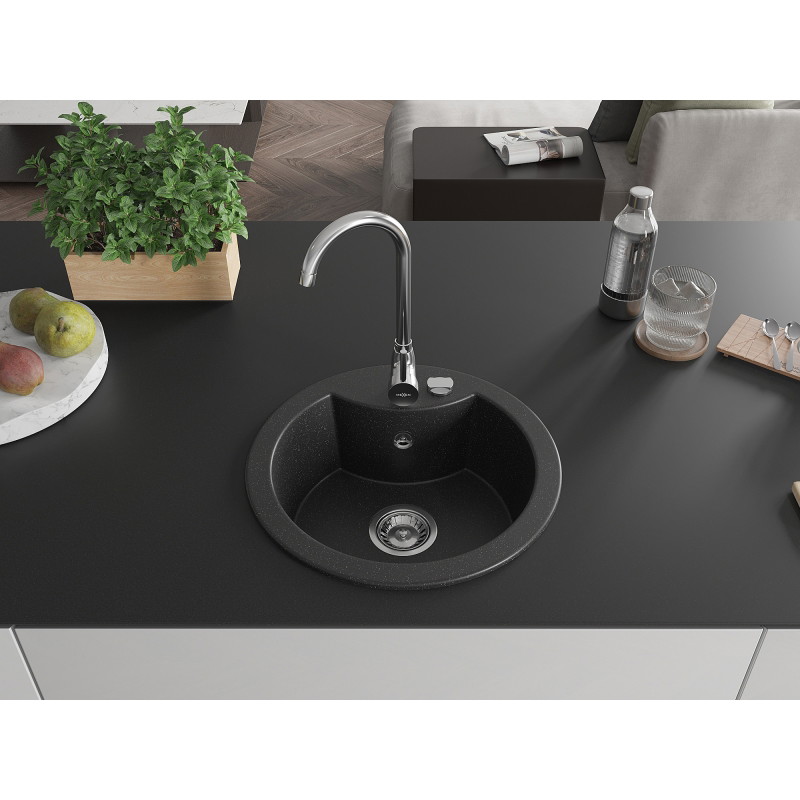 Mexen Diego 1-bowl granite sink with Telma kitchen faucet, black/silver - 6512-73-670200-00