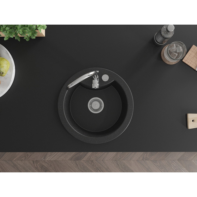 Mexen Diego 1-bowl granite sink with Telma kitchen faucet, black/silver - 6512-73-670200-00