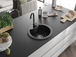 Mexen Diego 1-compartment granite sink with kitchen mixer tap Telma, Black/Silver - 6512-73-670200-70