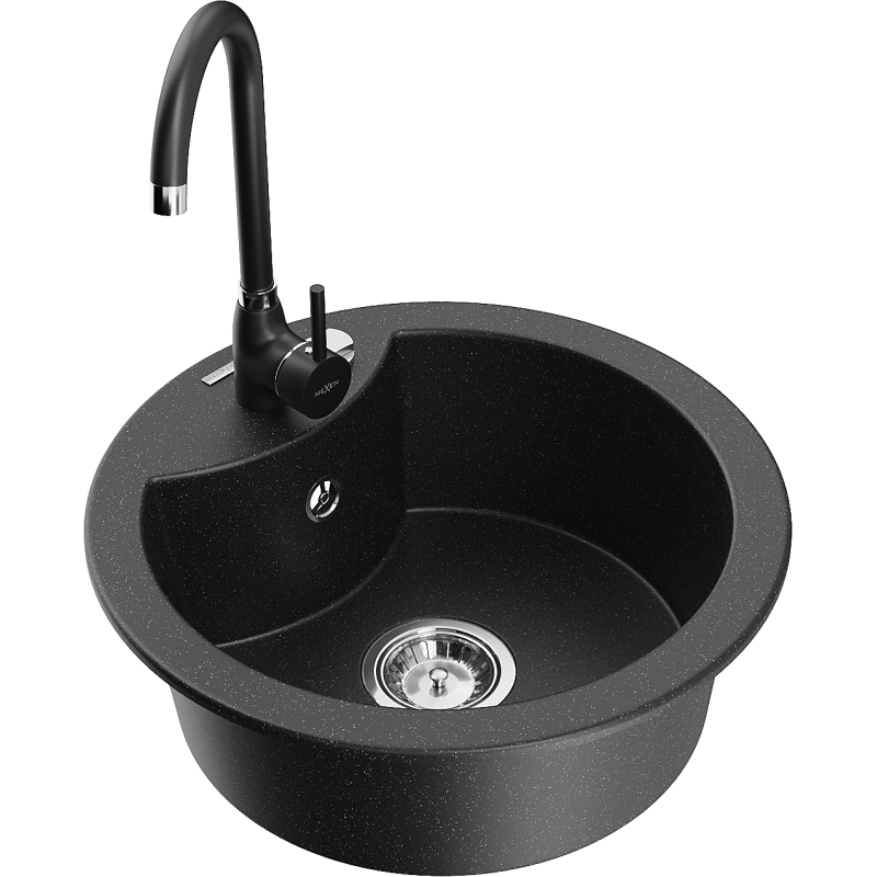 Mexen Diego 1-bowl granite sink with Telma kitchen faucet, black/silver - 6512-73-670200-70