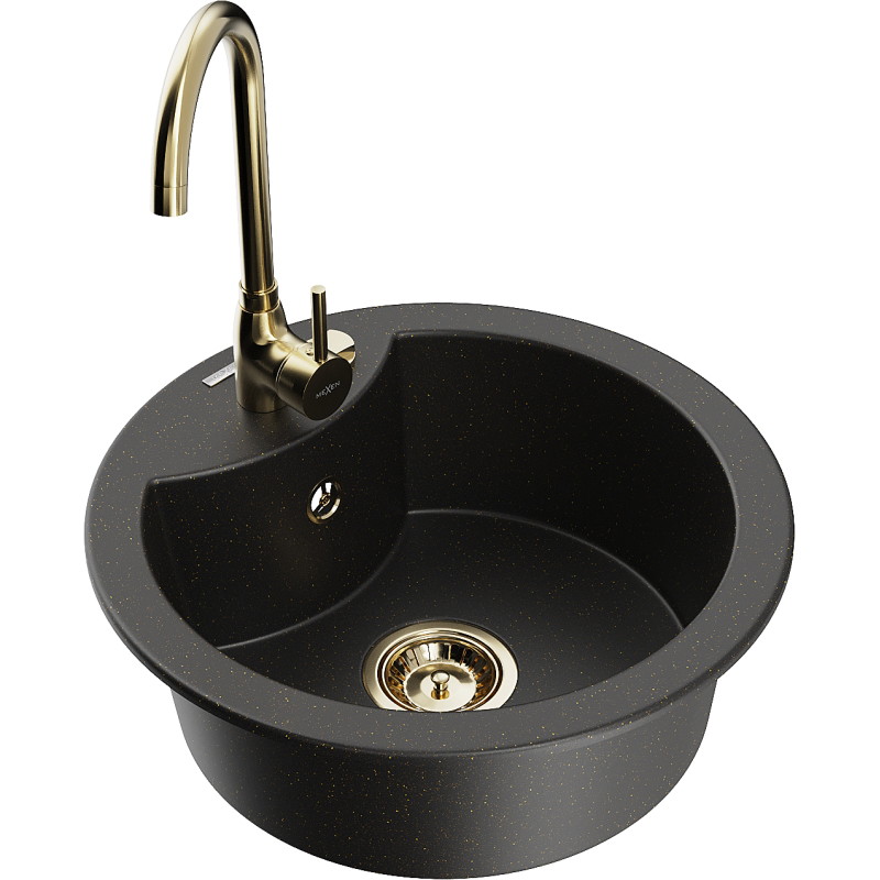 Mexen Diego 1-bowl granite sink with Telma kitchen faucet, black/gold - 6512-75-670200-50