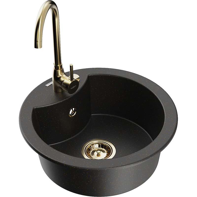 Mexen Diego 1-compartment granite sink with kitchen mixer tap Telma, Black/Gold - 6512-75-670200-50