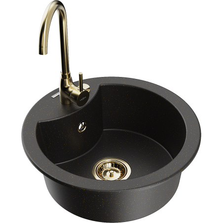 Mexen Diego 1-compartment granite sink with kitchen mixer tap Telma, Black/Gold - 6512-75-670200-50
