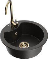 Mexen Diego 1-compartment granite sink with kitchen mixer tap Telma, Black/Gold - 6512-75-670200-50