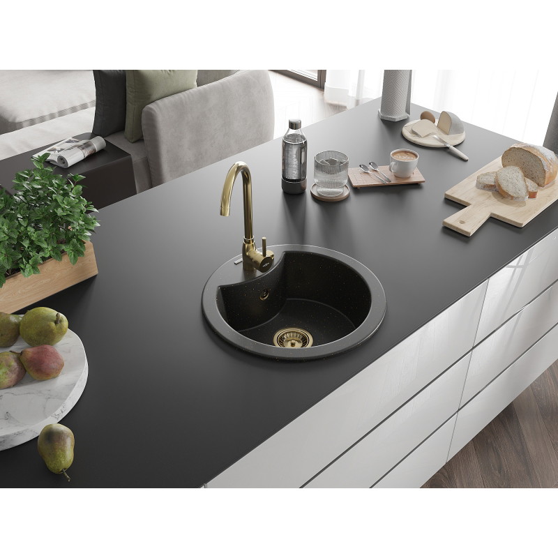 Mexen Diego 1-bowl granite sink with Telma kitchen faucet, black/gold - 6512-75-670200-50
