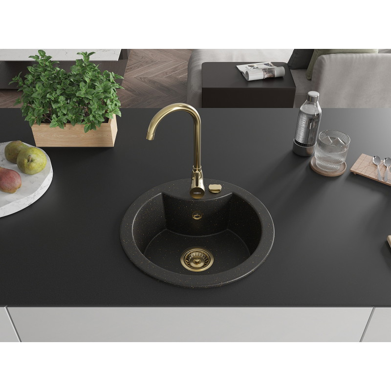 Mexen Diego 1-bowl granite sink with Telma kitchen faucet, black/gold - 6512-75-670200-50