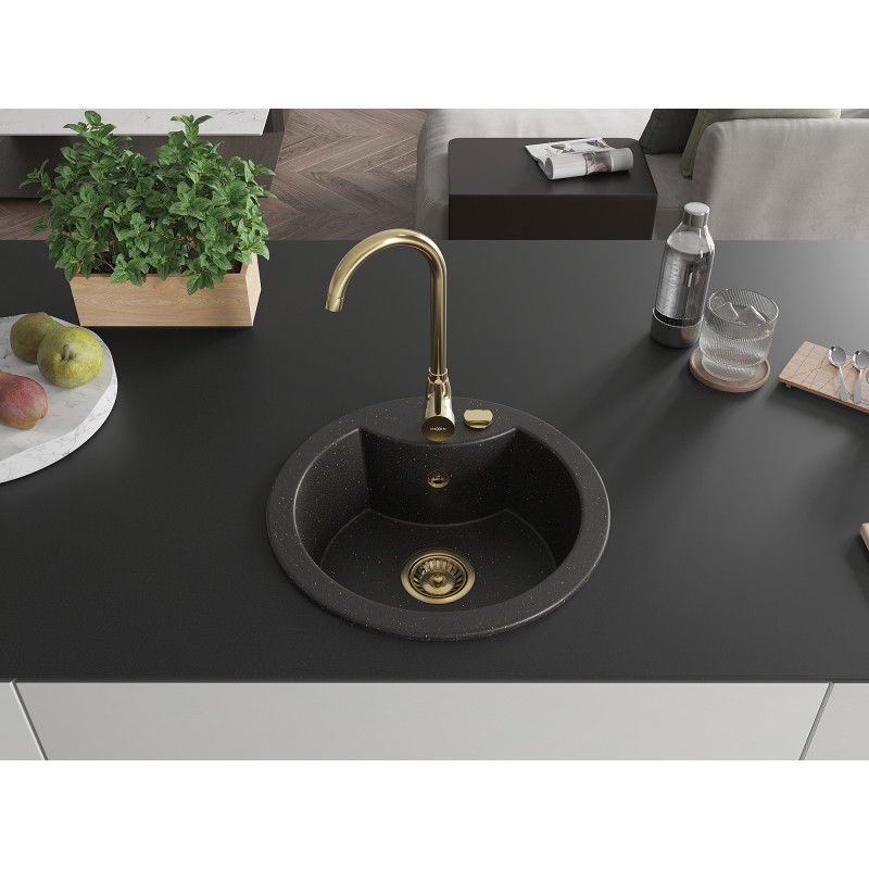 Mexen Diego single-bowl granite sink with Telma kitchen tap, black/gold - 6512-75-670200-50