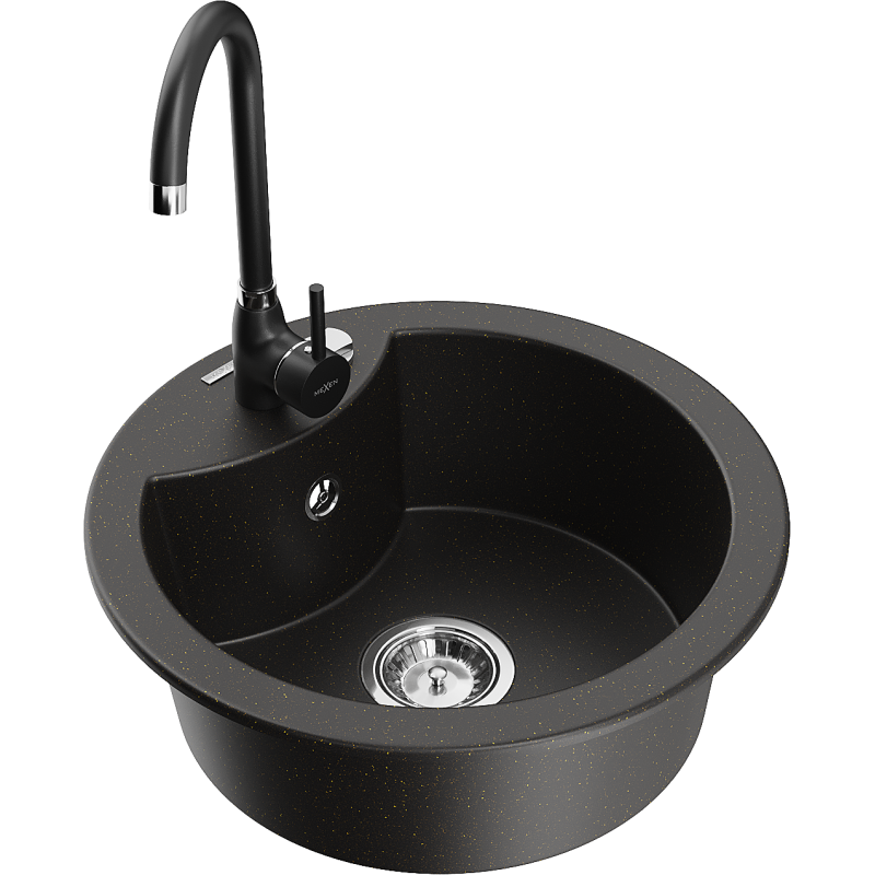 Mexen Diego 1-compartment granite sink with kitchen mixer tap Telma, Black/Gold - 6512-75-670200-70