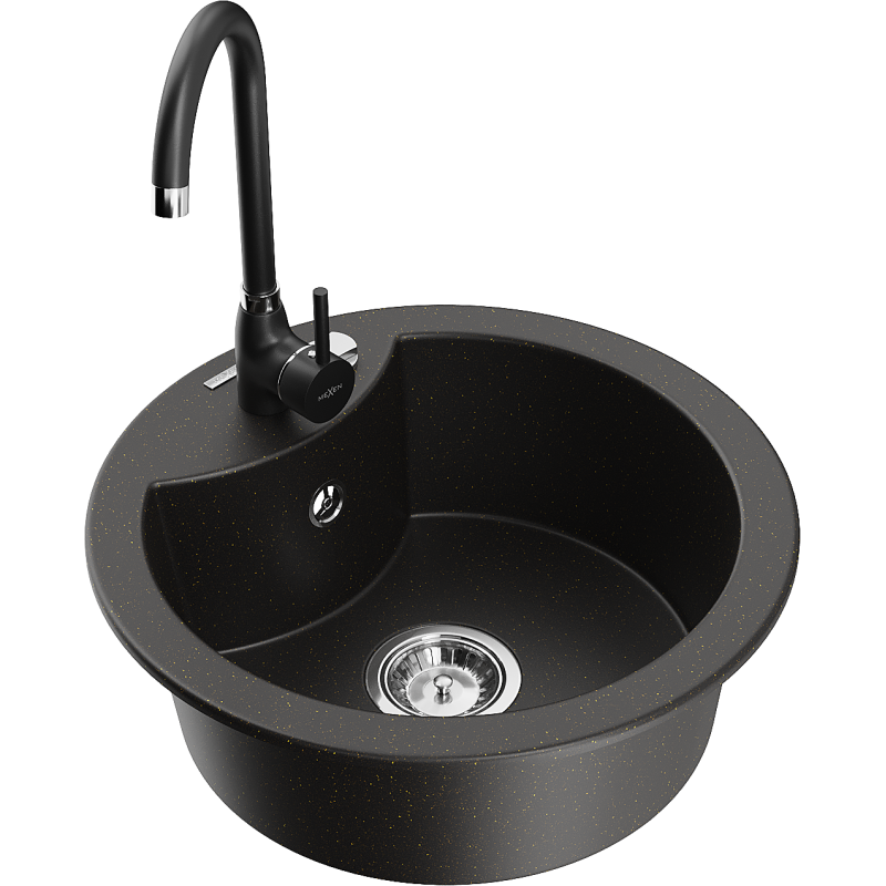 Mexen Diego granite kitchen sink 1-bowl with Telma kitchen tap, black/gold - 6512-75-670200-70