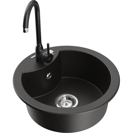Mexen Diego granite kitchen sink 1-bowl with Telma kitchen tap, black/gold - 6512-75-670200-70