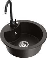 Mexen Diego granite kitchen sink 1-bowl with Telma kitchen tap, black/gold - 6512-75-670200-70