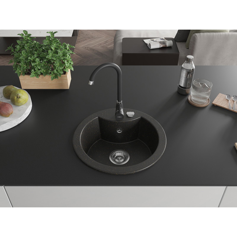 Mexen Diego 1-bowl granite sink with Telma kitchen faucet, black/gold - 6512-75-670200-70