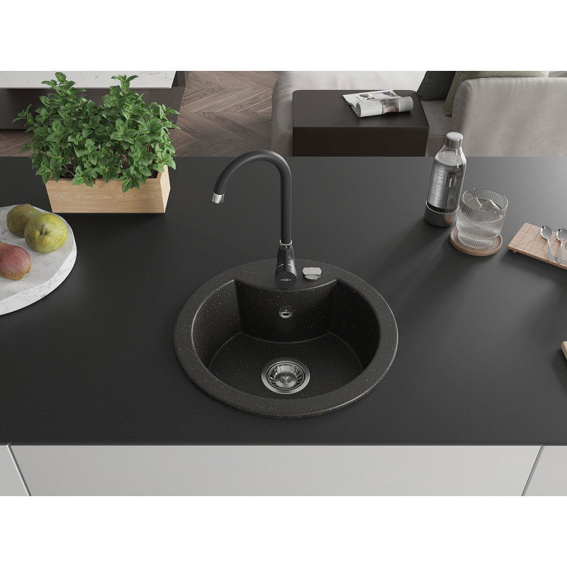 Mexen Diego granite kitchen sink 1-bowl with Telma kitchen tap, black/gold - 6512-75-670200-70