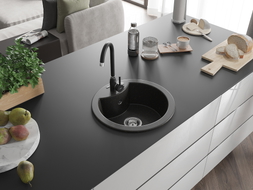 Mexen Diego 1-bowl granite sink with Telma kitchen faucet, black/gold - 6512-75-670200-70