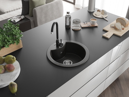 Mexen Diego 1-compartment granite sink with kitchen mixer tap Telma, Black/Gold - 6512-75-670200-70