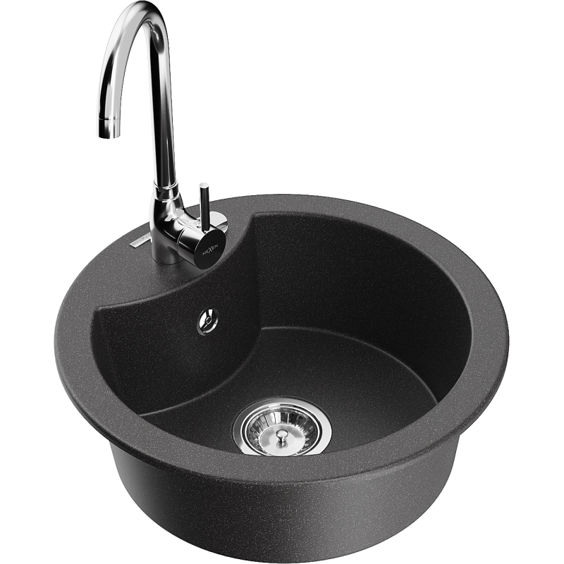 Mexen Diego 1-bowl granite sink with Telma kitchen tap, black speckled - 6512-76-670200-00