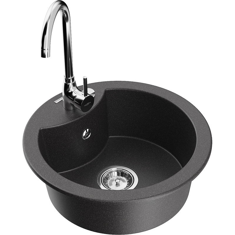 Mexen Diego granite single-bowl sink with Telma kitchen faucet, speckled black - 6512-76-670200-00