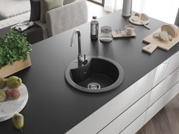 Mexen Diego 1-compartment granite sink with kitchen mixer tap Telma, Spotted black - 6512-76-670200-00