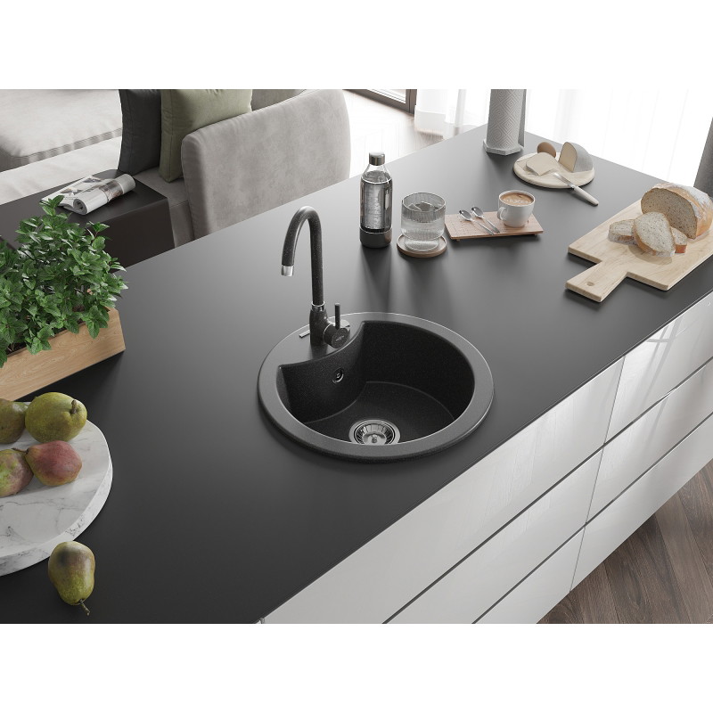 Mexen Diego granite sink 1-bowl with Telma kitchen faucet, black speckled - 6512-76-670200-76