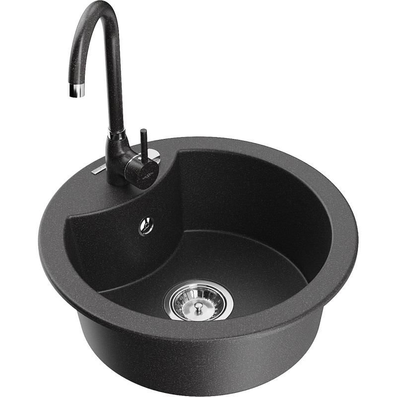 Mexen Diego granite sink 1-bowl with Telma kitchen faucet, black speckled - 6512-76-670200-76
