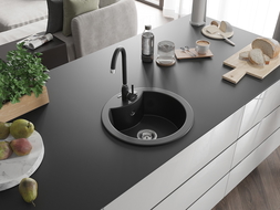 Mexen Diego 1-compartment granite sink with kitchen mixer tap Telma, Black - 6512-77-670200-70