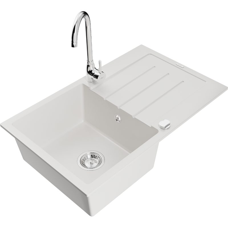 Mexen Bruno 1-compartment granite sink with a drip tray and kitchen mixer tap Telma, White - 6513-20-670200-00